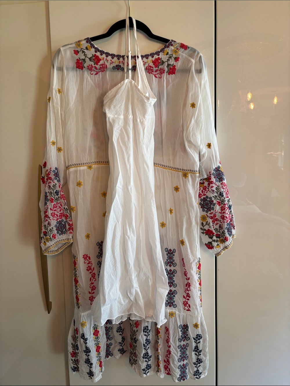 Johnny Was White Embroidered Boho Tunic Dress with Red, Navy & Yellow Accents - Picture 7 of 8